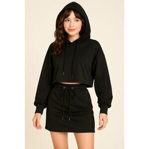 New XS Black 2 Piece Crop Sweater Mini Skirt Set Varsity Drawstring Hoodie Sport